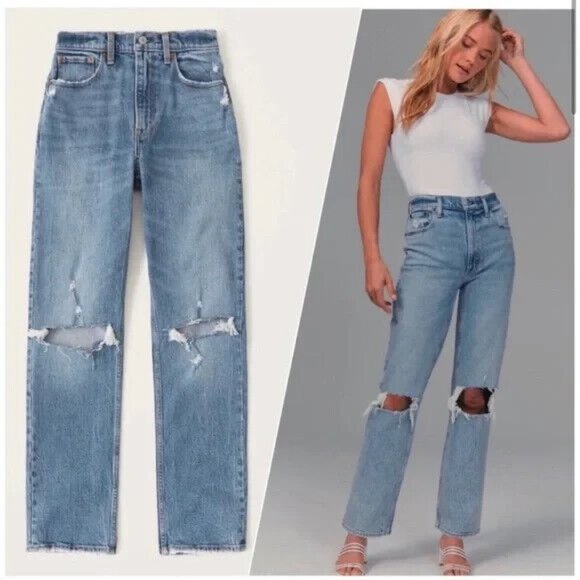 Abercrombie & Fitch Denim - Abercrombie & Fitch 90s Ultra High Rise Straight Jeans Ripped Knee Size 27/4